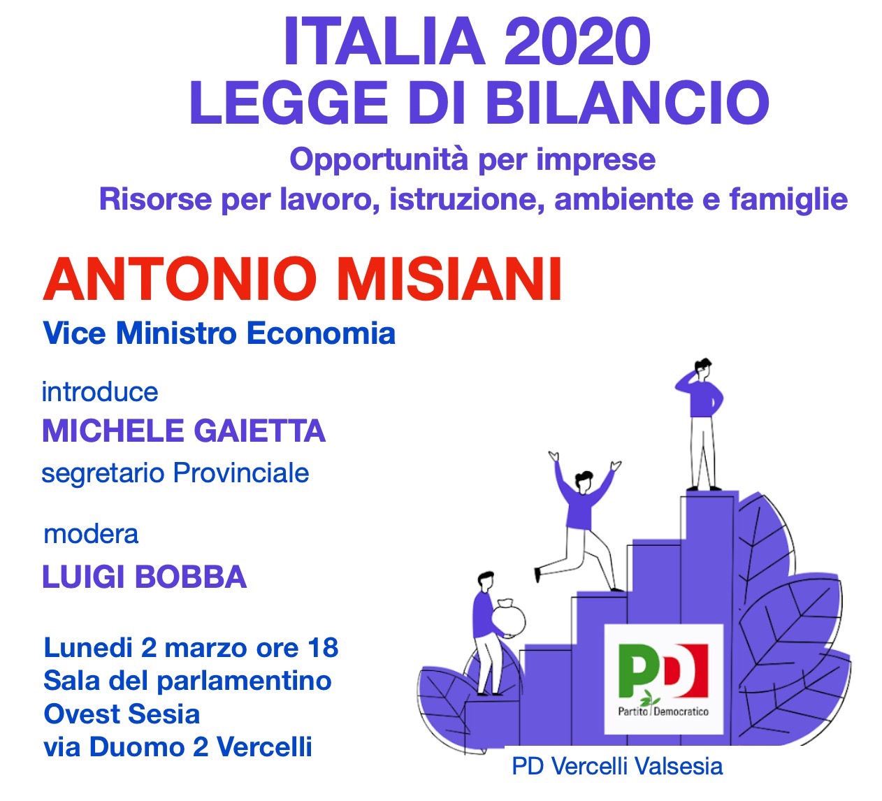 Lunedì 9 marzo, “Italia 2020: legge di bilancio”. Incontro con il Vice Ministro all’Economia Antonio Misiani