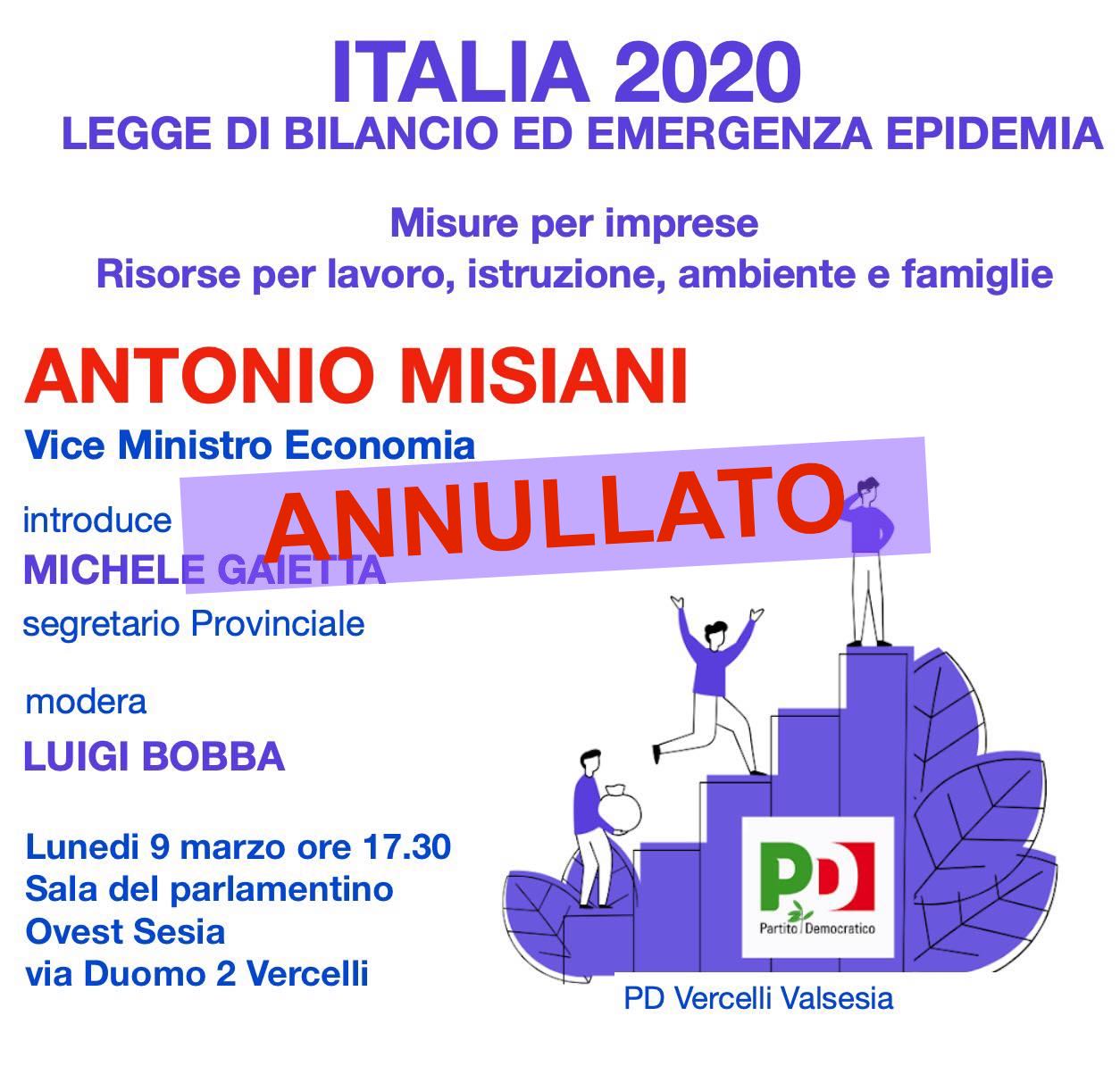 Rinviato a data da destinarsi l’incontro con il vice Ministro dell’Economia Antonio MISIANI