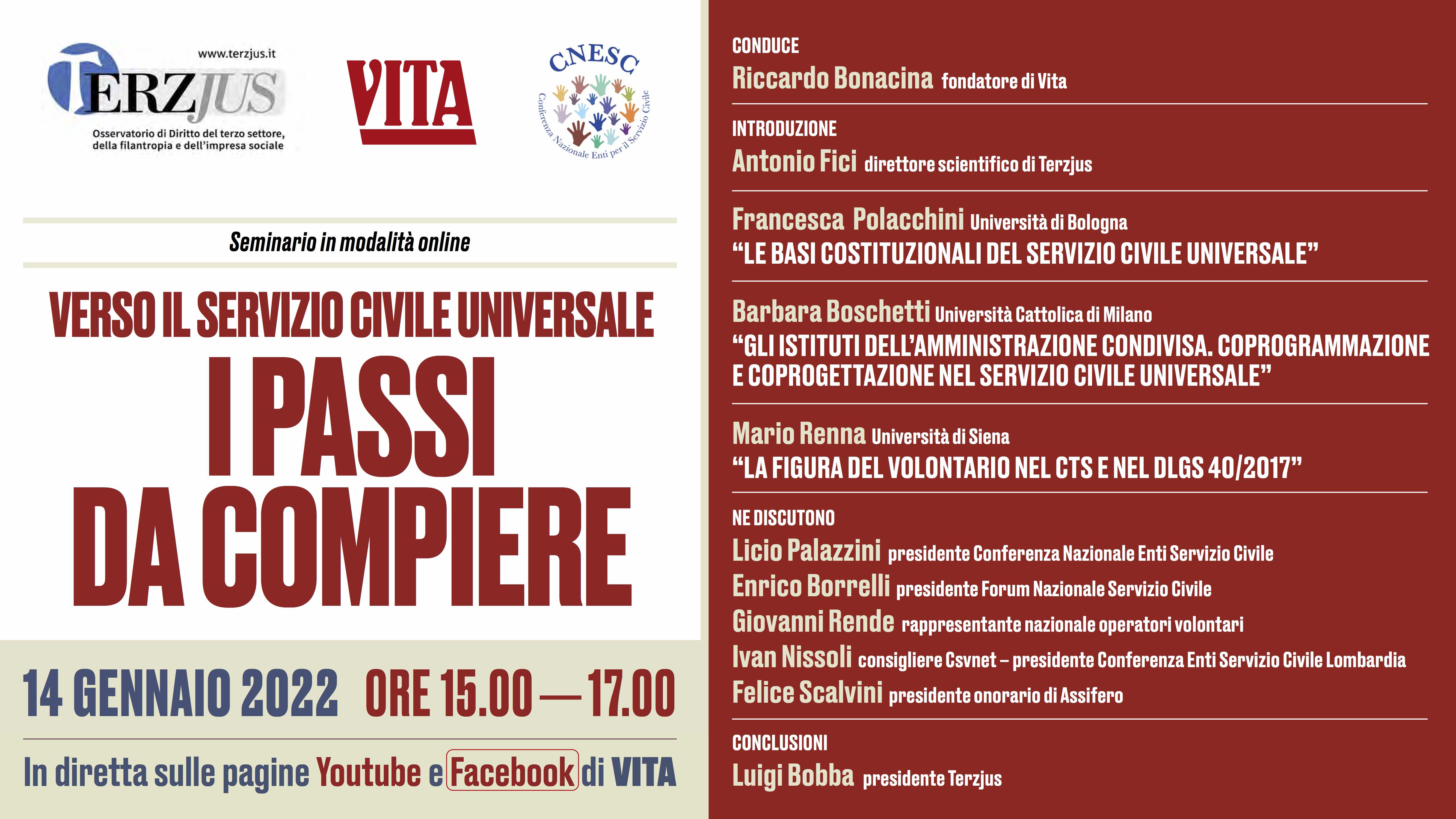 “Verso il servizio civile universale. I passi da compiere”. Digital event, Venerdì 14 gennaio ore 15.00 – 17.00 